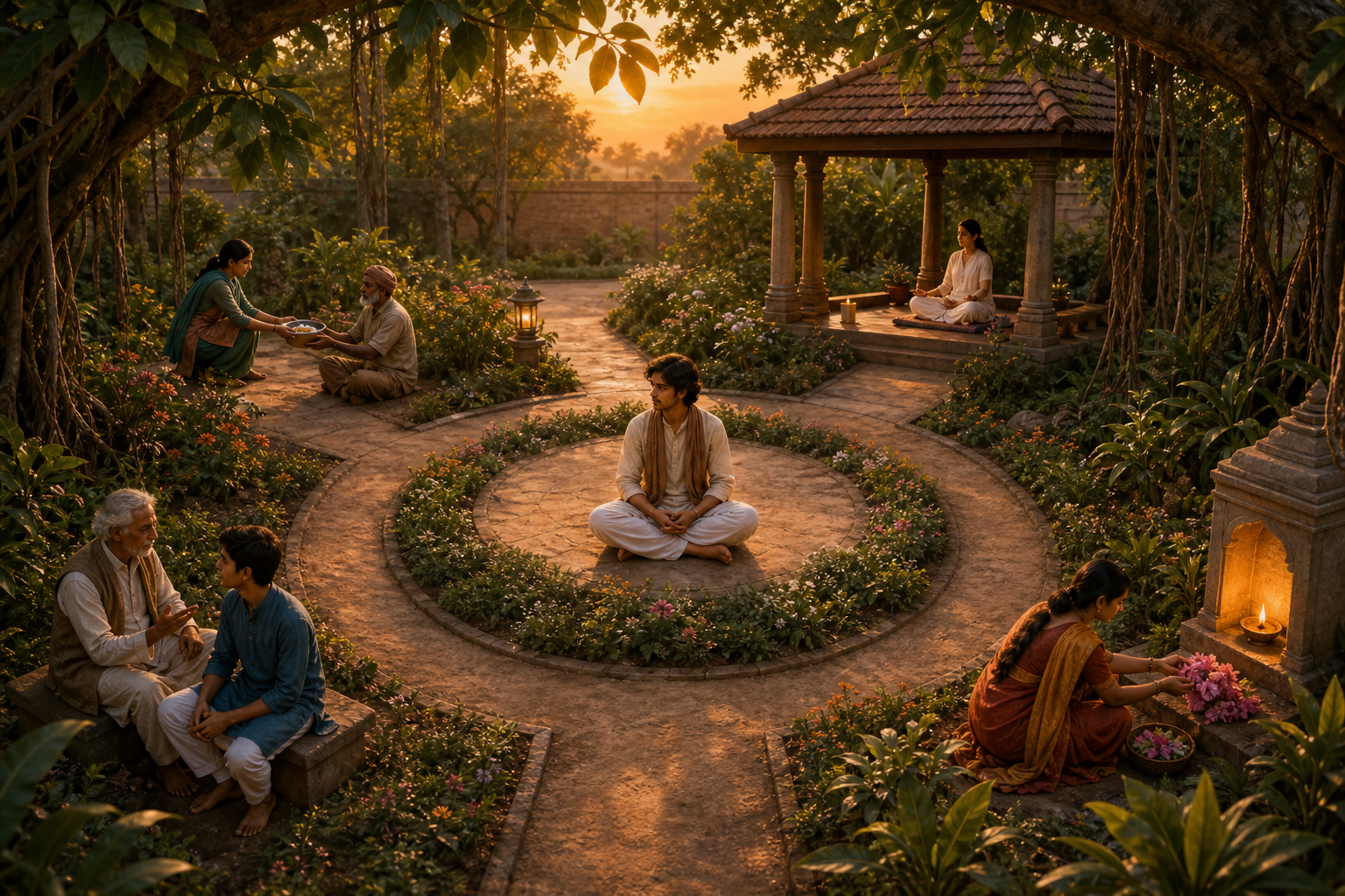 A seated seeker considers four garden paths leading to scenes of service, meditation, study, and devotional flower offering.
