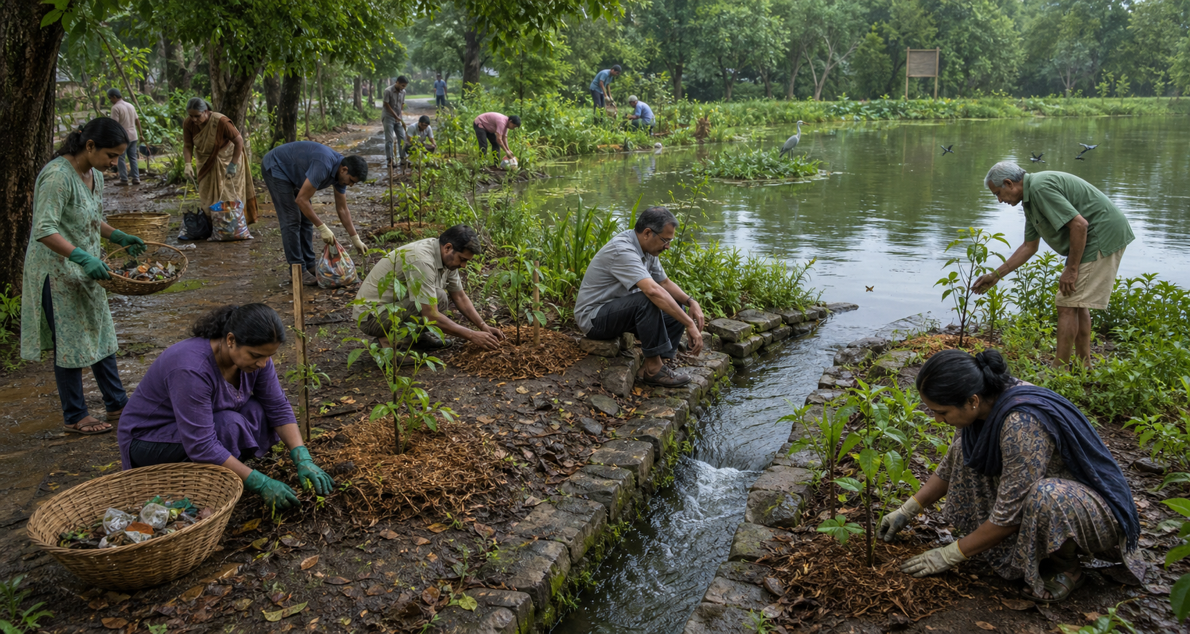 Community volunteers clean a pond, plant and inspect saplings, repair a water channel, and work among returning birds and insects.
