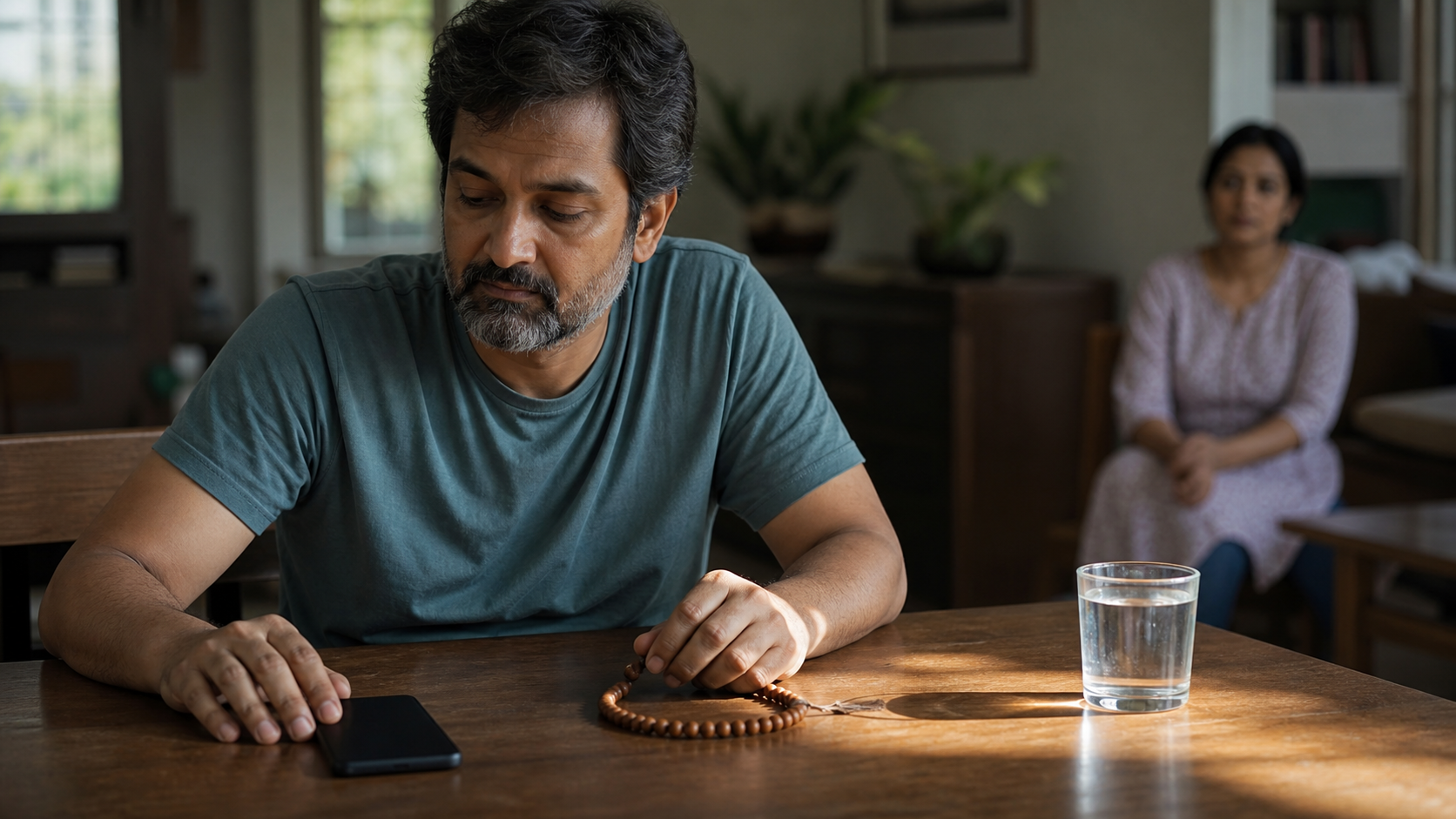 An adult pauses with one hand near meditation beads and the other beside a face-down phone while a family member waits in the background.