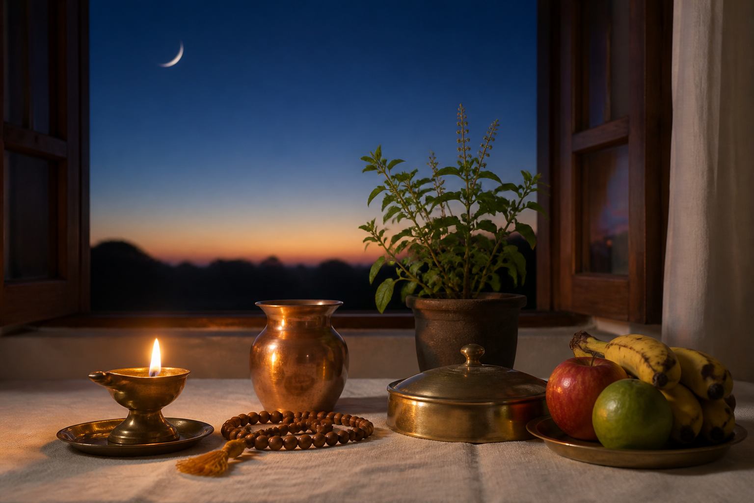 A lit brass diya, tulsi plant, copper water vessel, prayer beads, and covered fasting plate beside a window before sunrise.