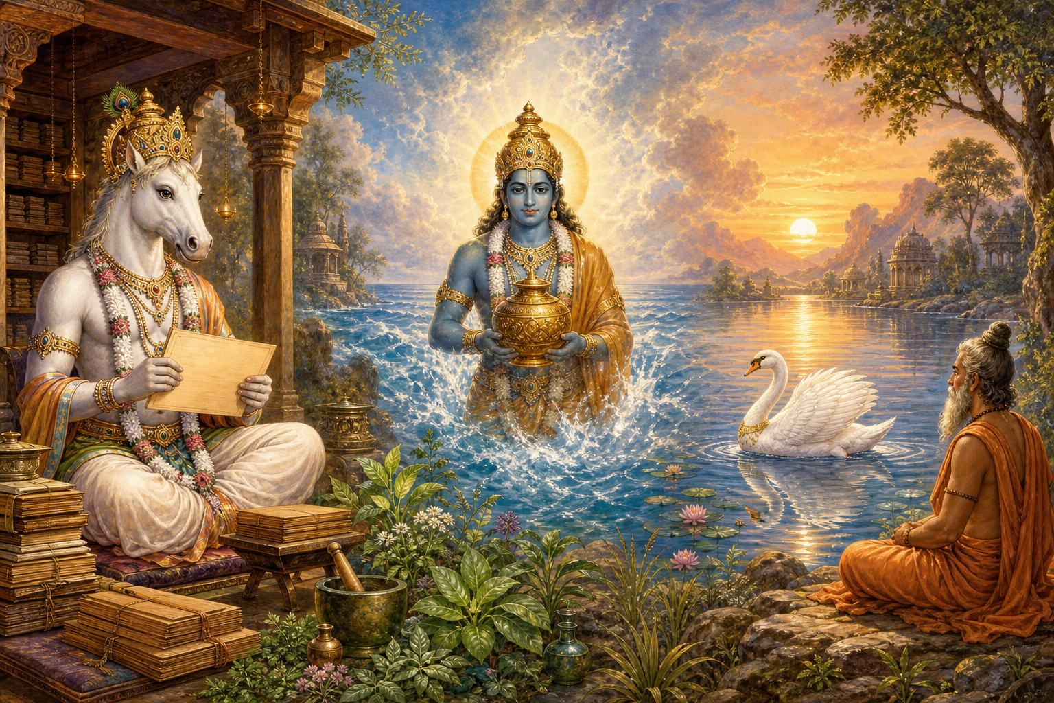 Hayagriva holds palm-leaf folios in a library pavilion, Dhanvantari carries a golden vessel among medicinal plants, and a white hamsa approaches a meditating sage beside a lake.