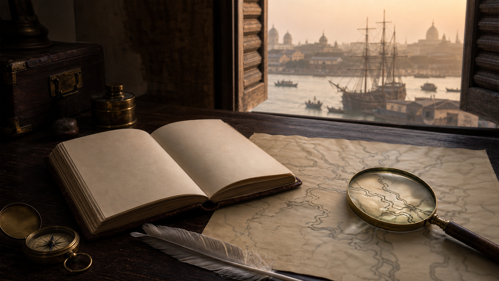 An open travel journal, compass, magnifying lens, and unlabelled map sit on a wooden desk overlooking an early nineteenth-century Indian river port.