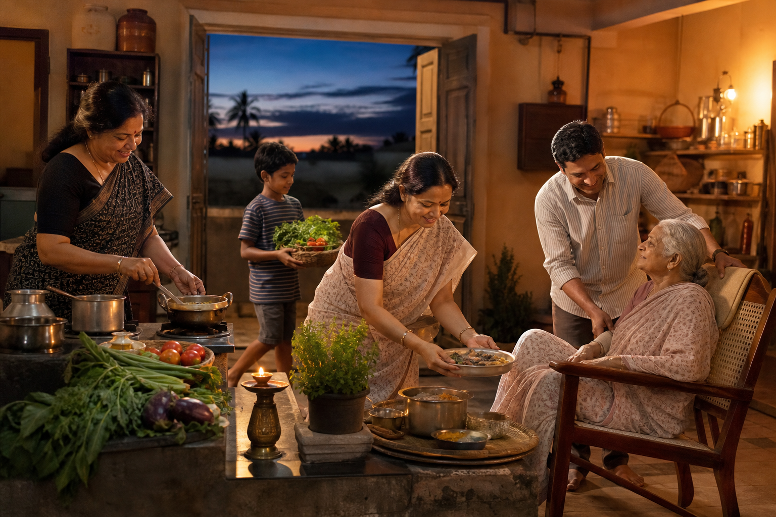 Members of a multigenerational Indian family prepare an evening meal together in a courtyard kitchen while one adult calmly serves and assists others.