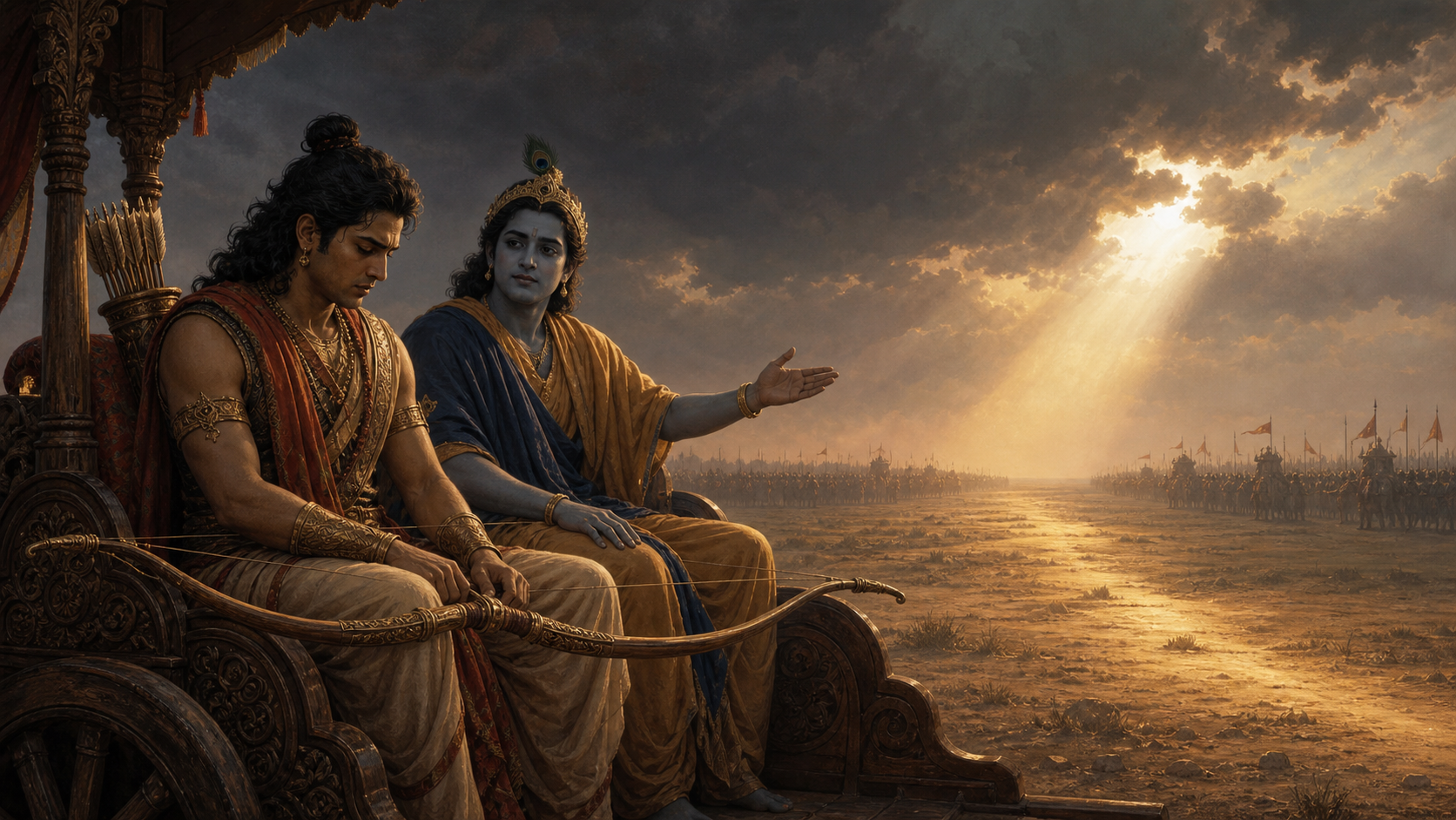 A hesitant archer with a lowered bow sits beside a calm charioteer between two distant armies at dawn.