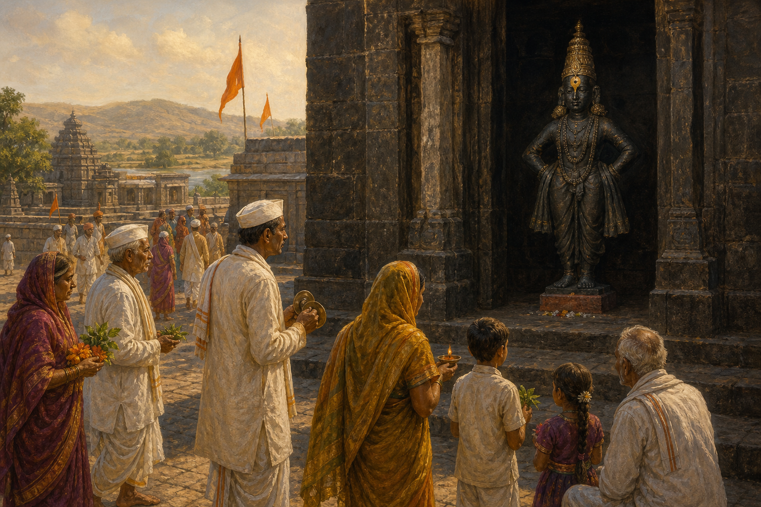Vithoba stands with hands on hips upon a brick at a stone temple threshold as pilgrims approach with tulsi leaves, flowers, cymbals, and a lamp.