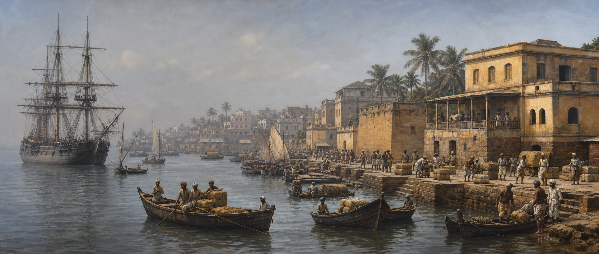A large European sailing ship, Indian boats, dockworkers, warehouses, and a coastal settlement share a busy harbor in the early 1800s.