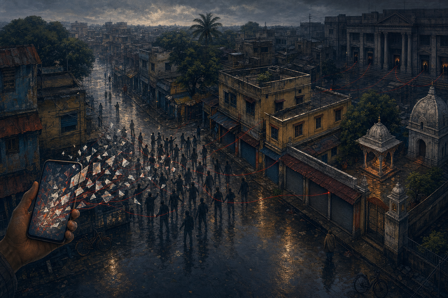 A conceptual streetscape connects a smartphone rumor, a gathering crowd, an isolated Hindu home and temple, and shadowed institutional doorways with thin red lines.