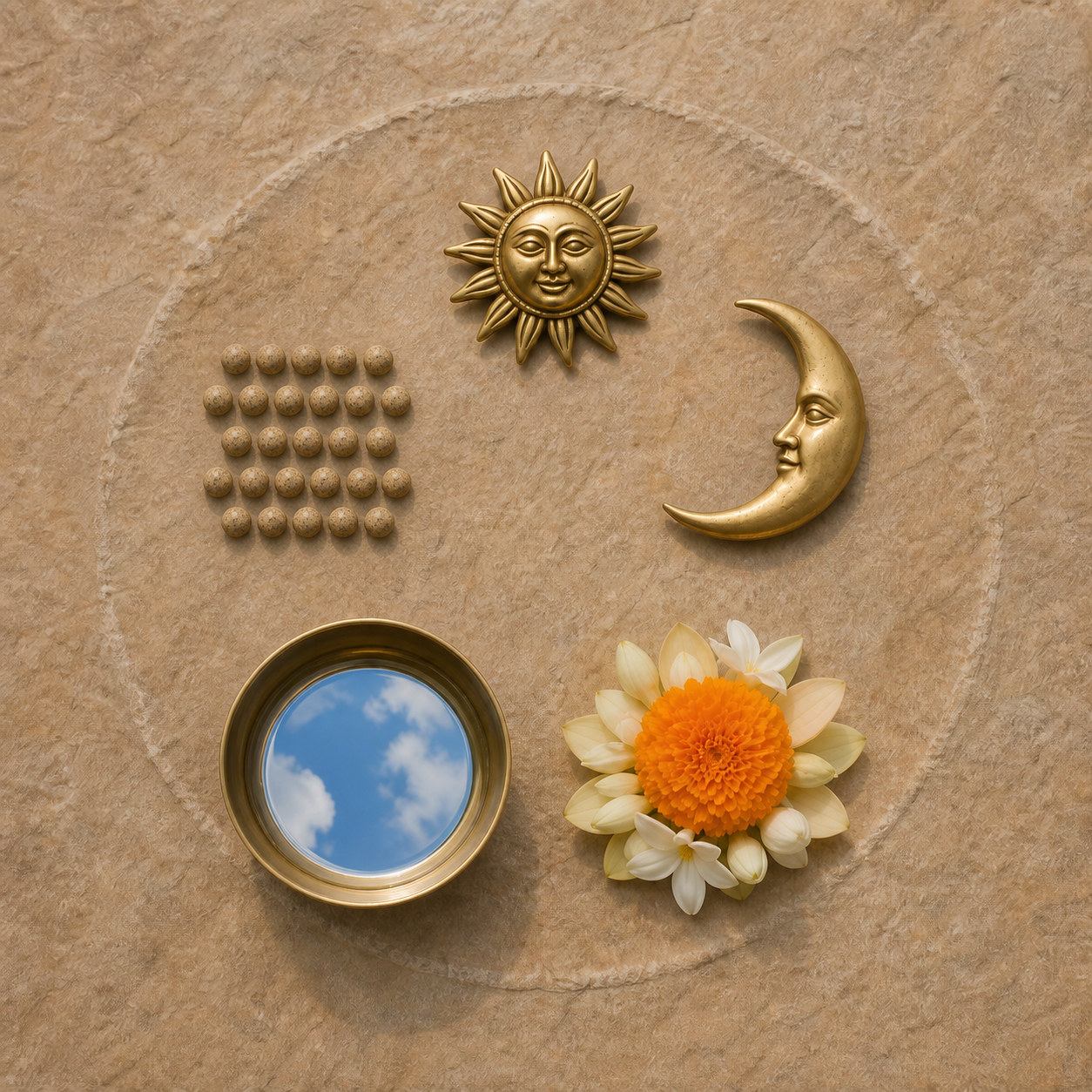 Five symbolic devotional and astronomical objects arranged in a circle on a sandstone surface.
