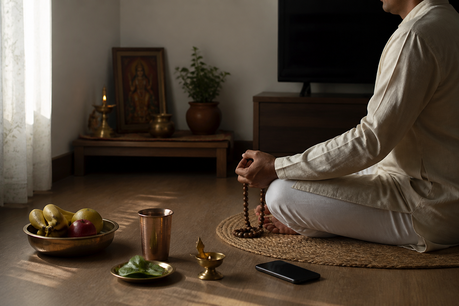 A devotee meditates with prayer beads while a bowl of fruit, water, and a face-down phone remain nearby.