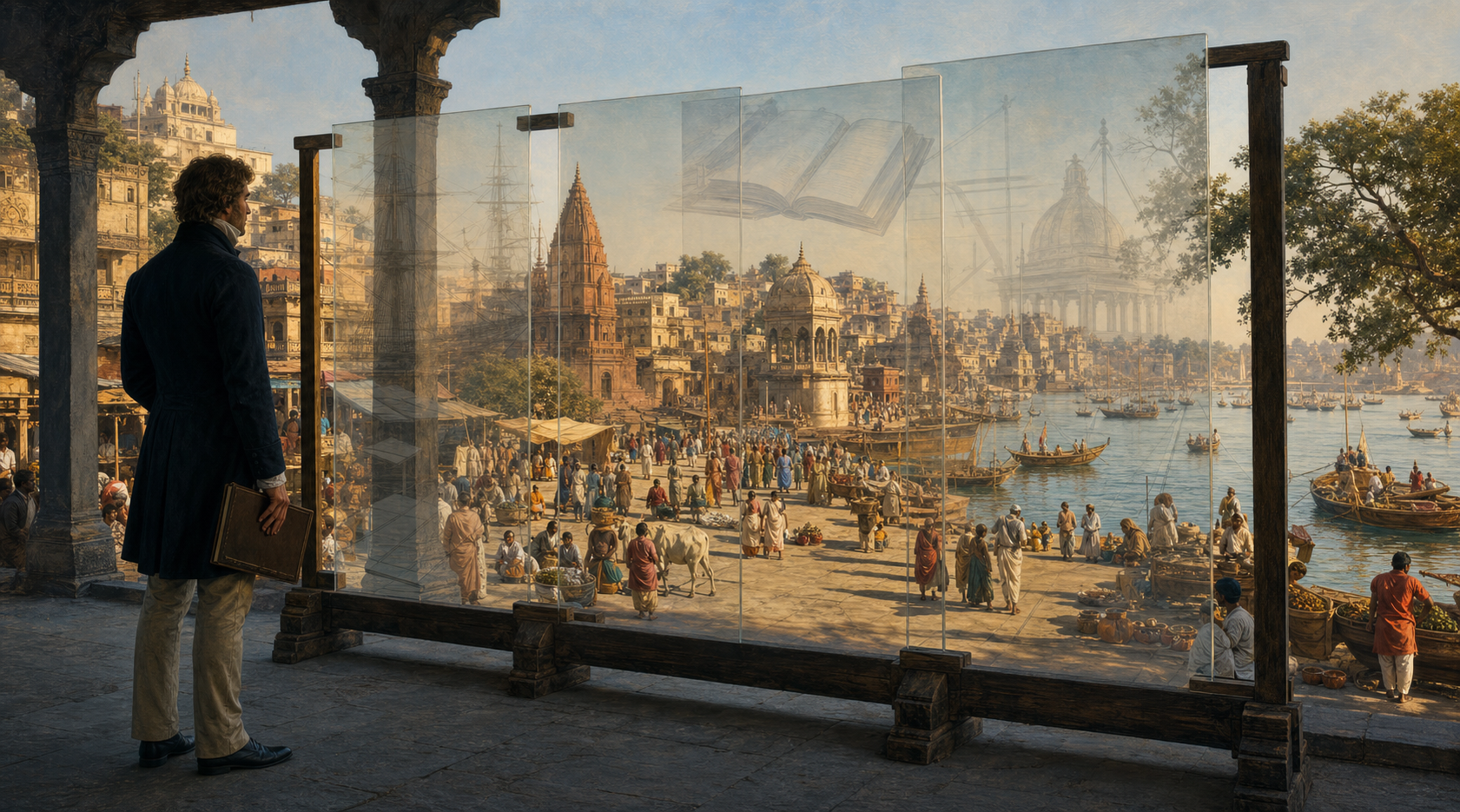 A European traveller observes a busy Indian riverside town through translucent panes that reflect ships, ledgers, and military forms.