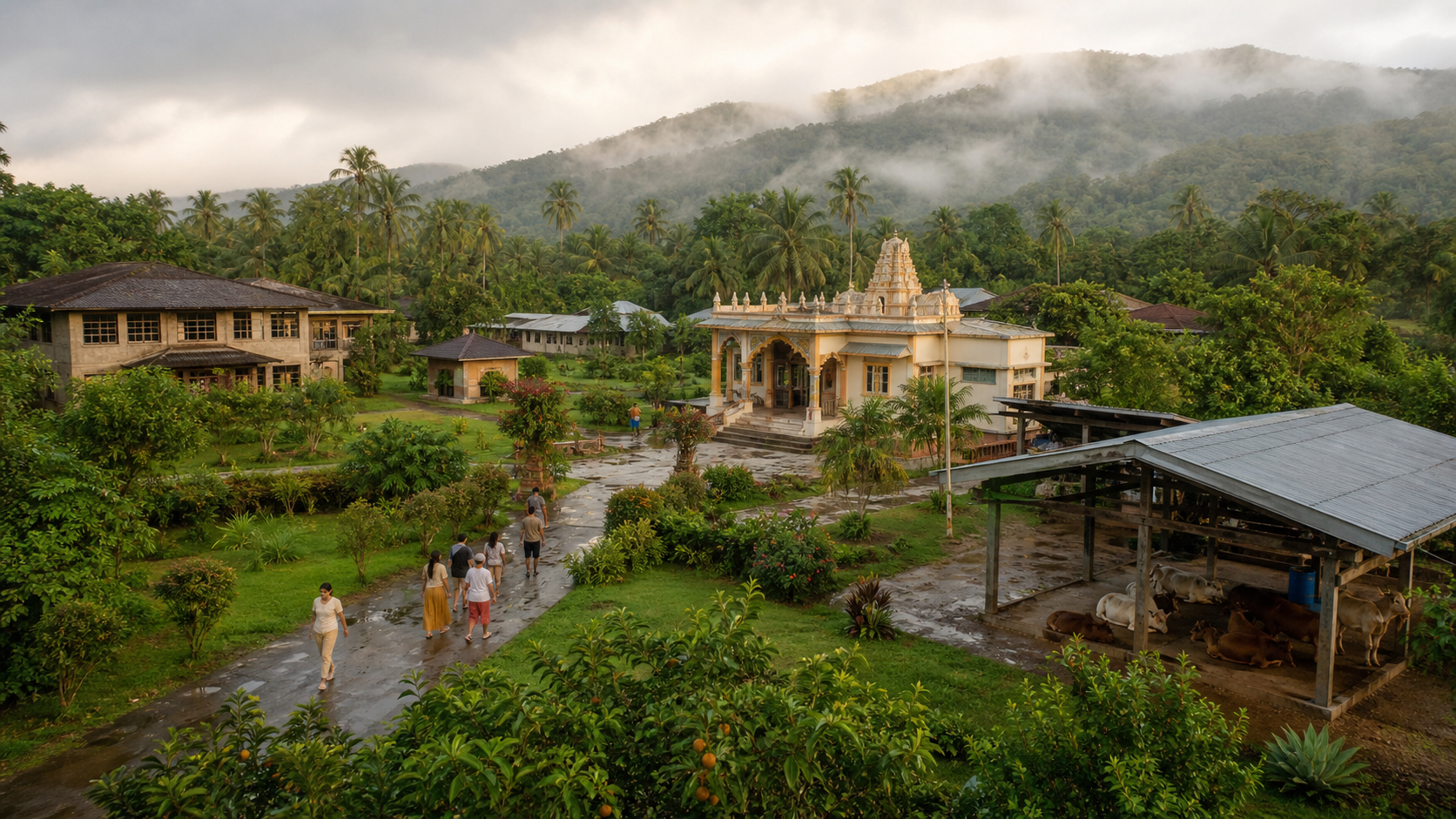 A temple, gardens, guest houses, community buildings and a cowshed set within a tropical eco-village landscape in Laguna.