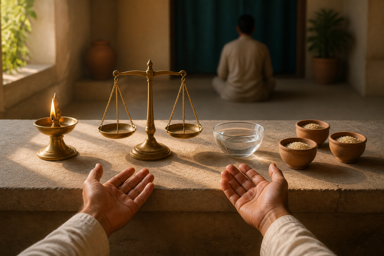Open hands hover over an oil lamp, balanced scales, a bowl of water, and three clay cups on a stone table.