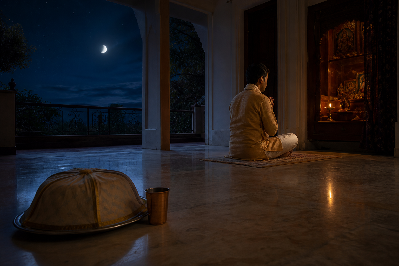 A devotee prays at night while a covered meal and copper cup remain untouched nearby.