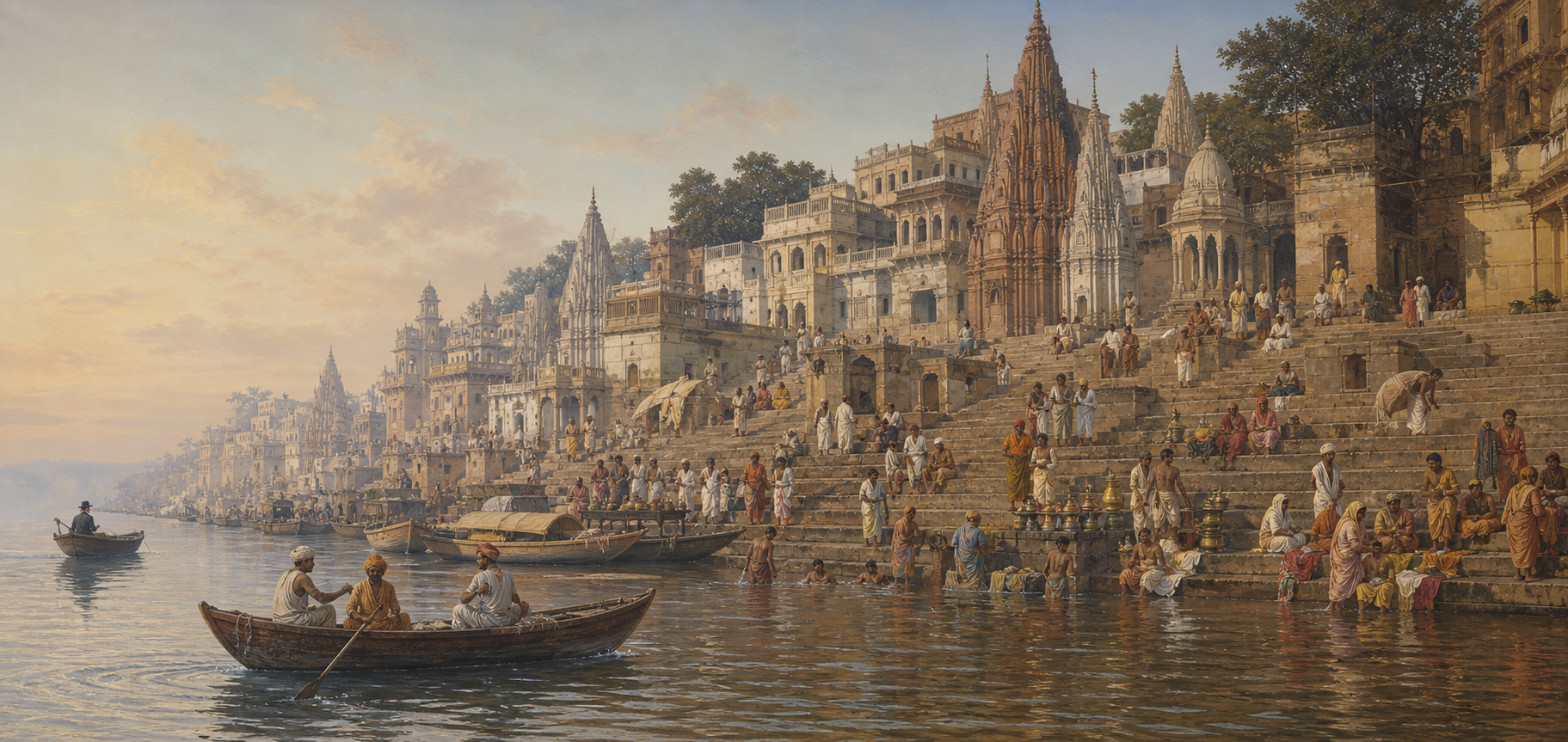 Pilgrims, priests, washerfolk, residents, and boats fill the Ganges ghats at Varanasi while a distant European traveller observes from a boat.