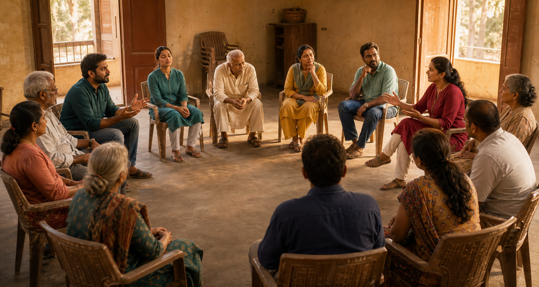 Community members of different ages sit in a circle, speaking and listening during a serious disagreement.