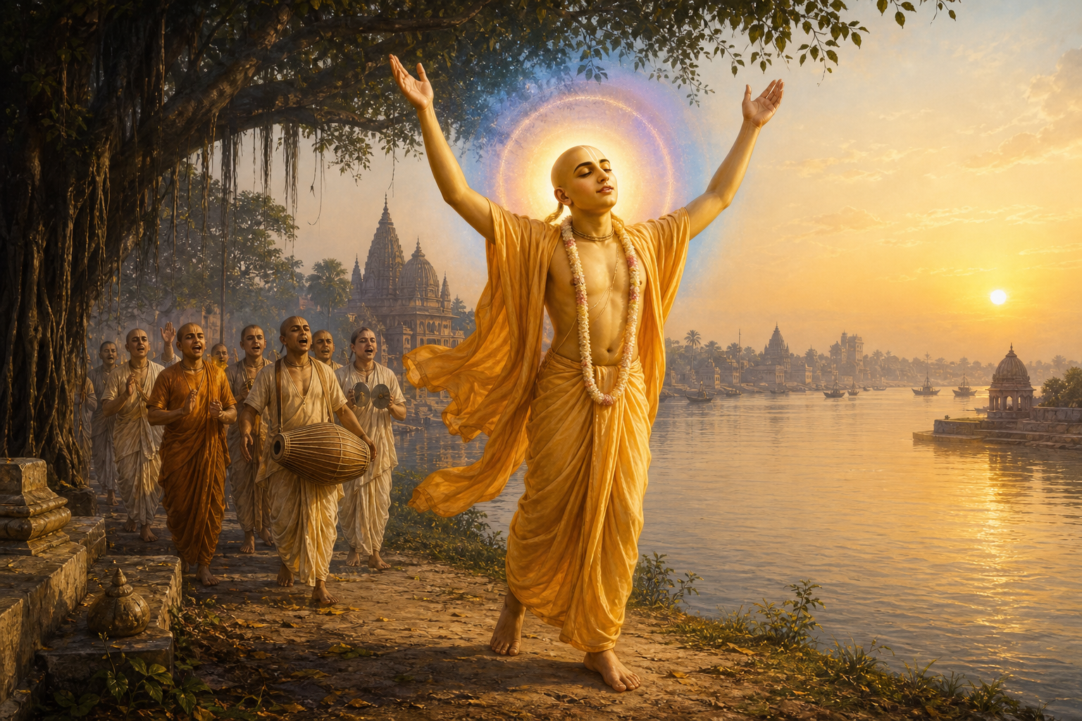 Devotional illustration of Lord Caitanya in saffron robes raising his arms beside the Ganges as musicians approach at dawn.