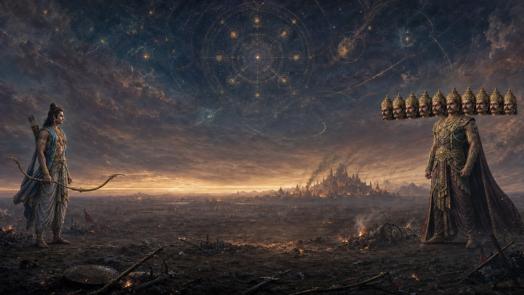 Rama and the ten-headed Ravana face each other across a scorched battlefield beneath a luminous cosmic wheel at twilight.