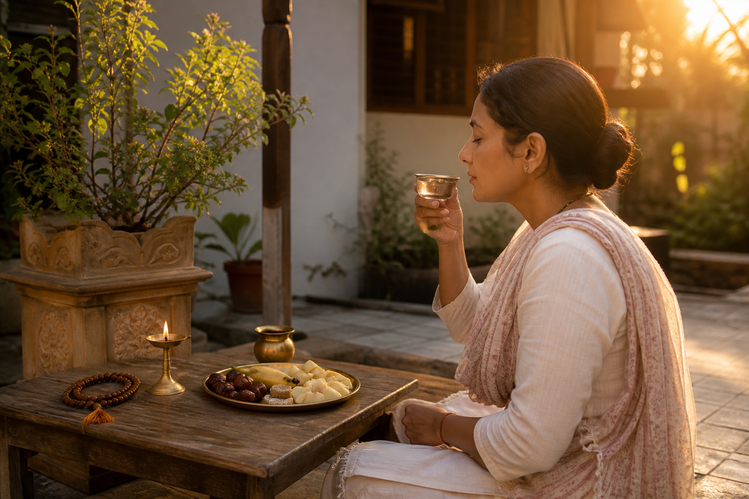 A devotee breaks the fast after sunrise with water and a small plate of fruit beside a tulsi plant.