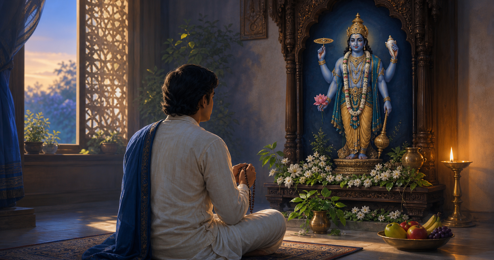 A devotee with prayer beads worships at a flower-decorated Vishnu shrine with tulsi leaves, a brass vessel, an oil lamp, and a bowl of fruit at dawn.