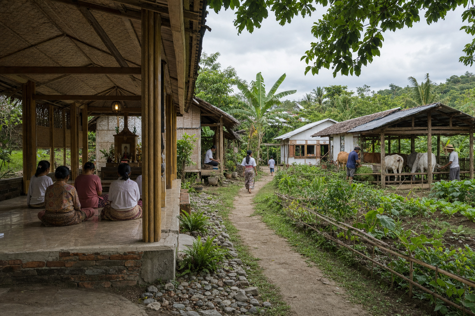 Worshippers sit near a temple veranda while guest buildings, a classroom, gardens and a working cowshed appear along the same eco-village path.