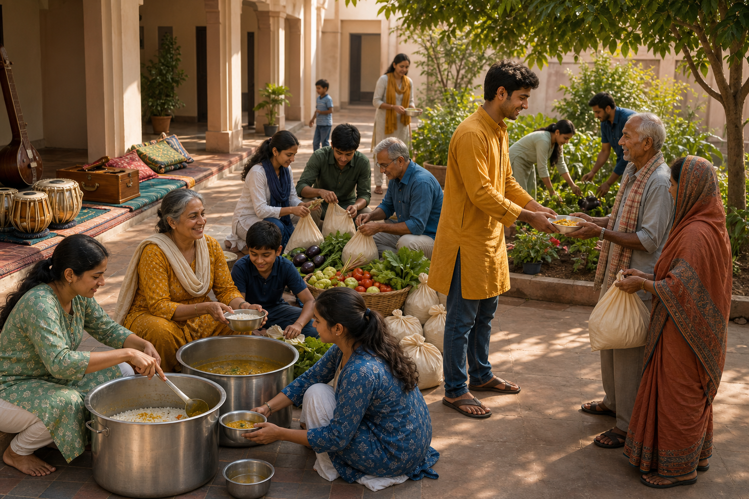 Volunteers cook meals, pack produce, tend a garden, and distribute food together in a community courtyard.