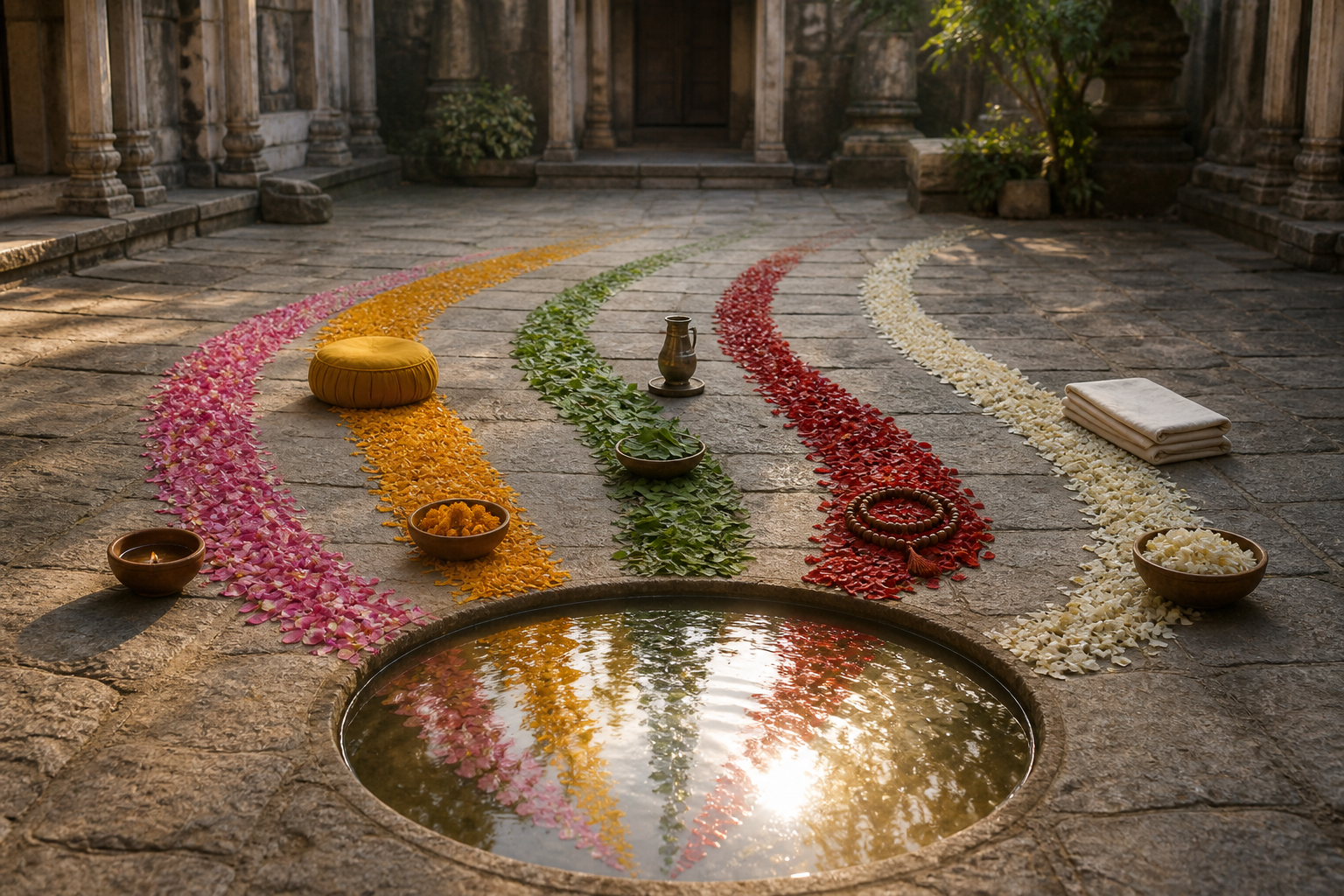 Five separate paths of petals and natural pigments curve past lamps, beads, flowers, cloth, and vessels toward a shared pool of light.