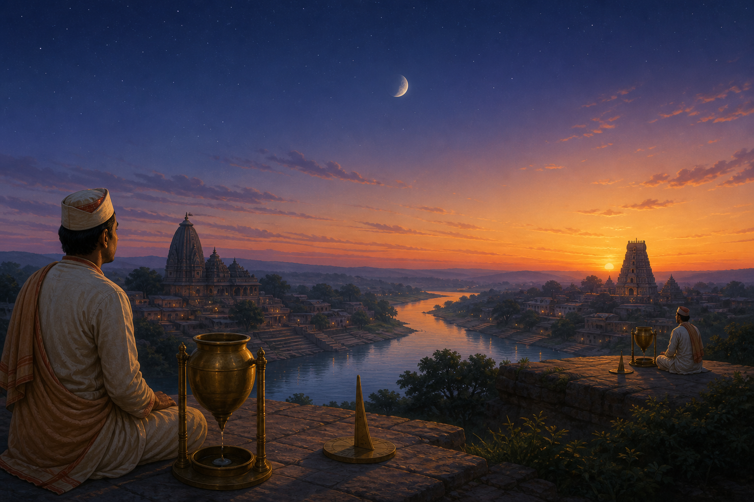 Two temple towns under the same waning moon experience dawn at different moments while observers use traditional instruments to watch the local sky.