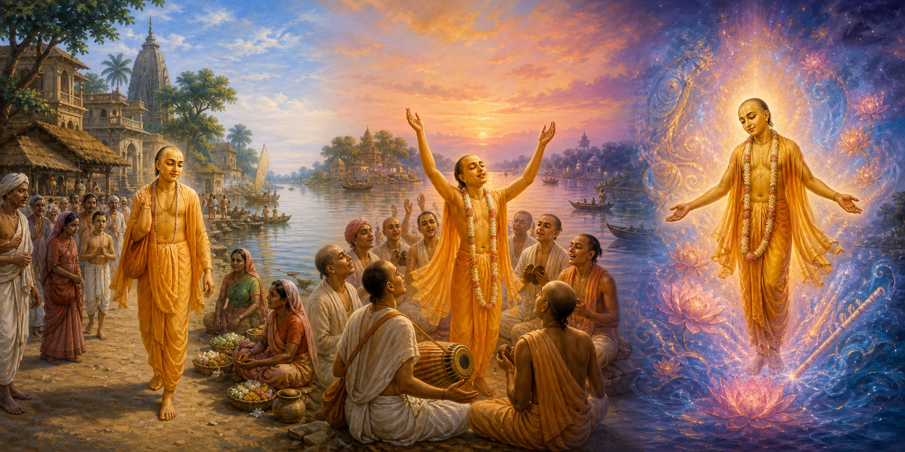 Three-part illustration showing Lord Caitanya as a historical sannyasi, a leader of devotional chanting, and a golden figure surrounded by blue and rose-colored light.