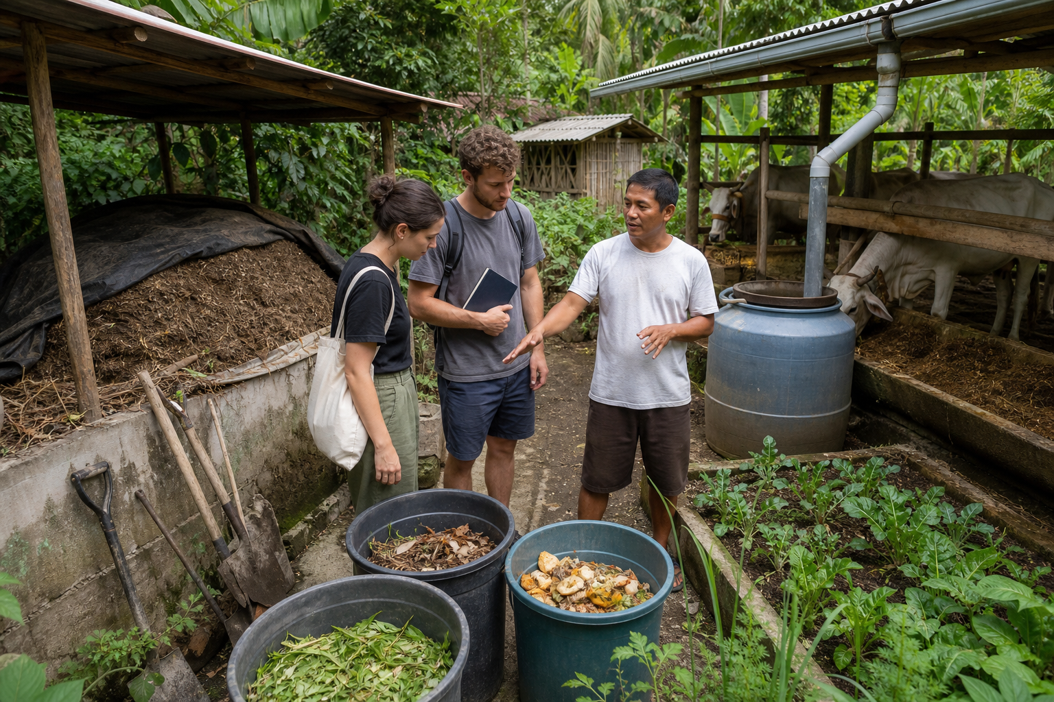 Two visitors inspect composting, rainwater collection, garden beds and cattle-care areas with a resident guide.