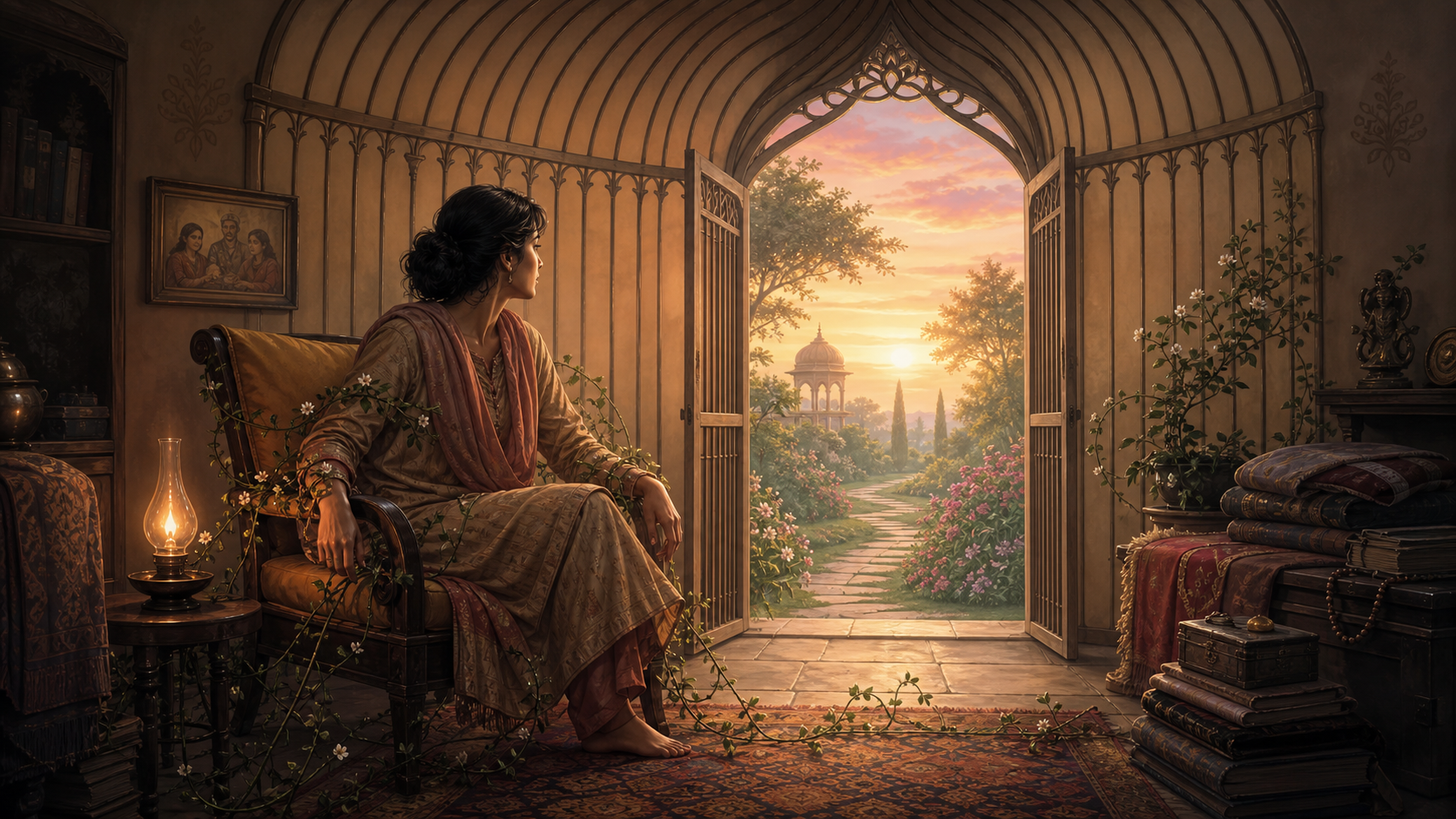 A person sits in a comfortable room shaped like an open birdcage while flowering vines bind them gently to a chair and dawn light shines through the open door.
