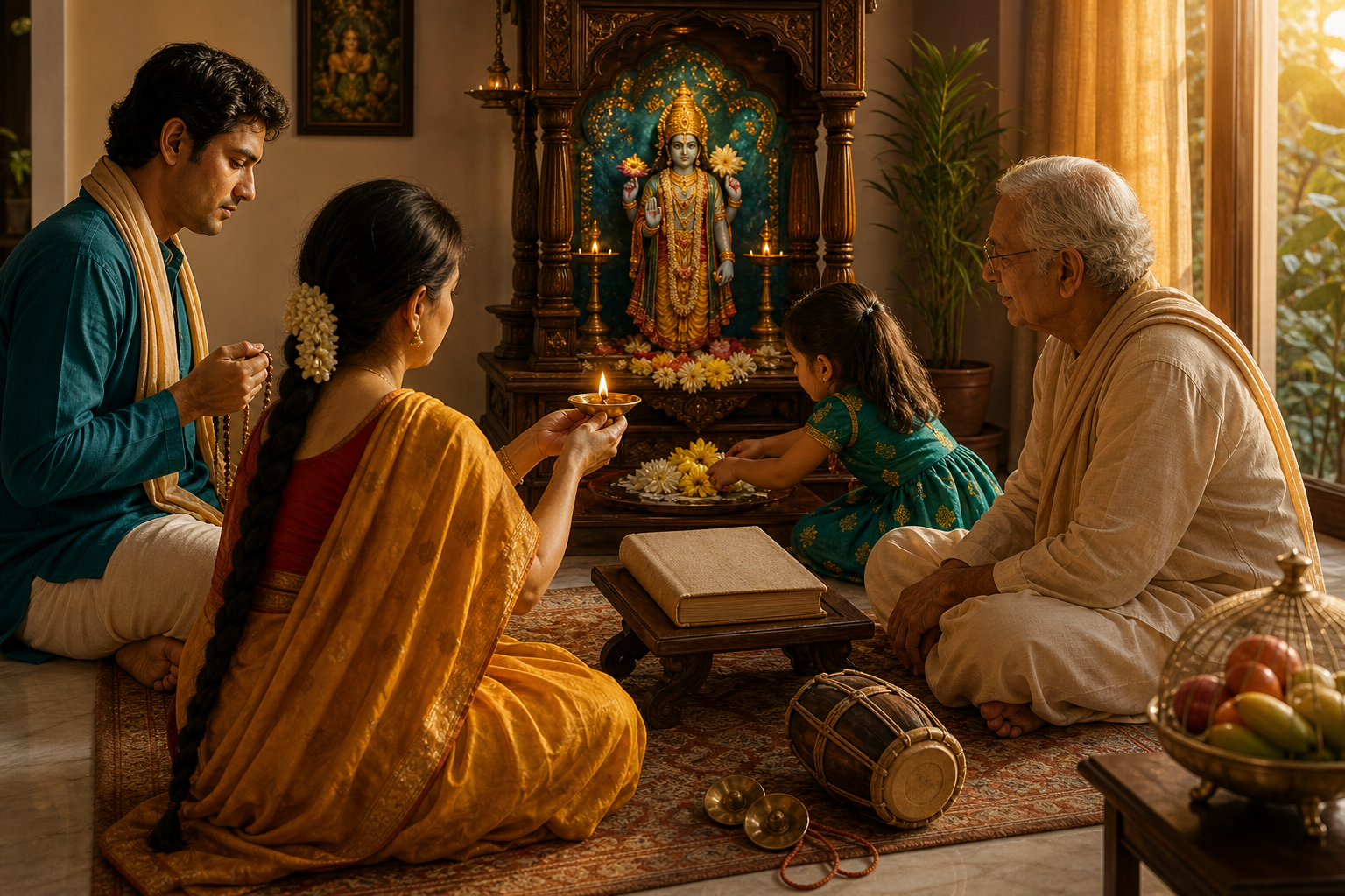 A family prays together at a Vishnu shrine with tulsi beads, flowers, an oil lamp, a closed book, and small devotional instruments.