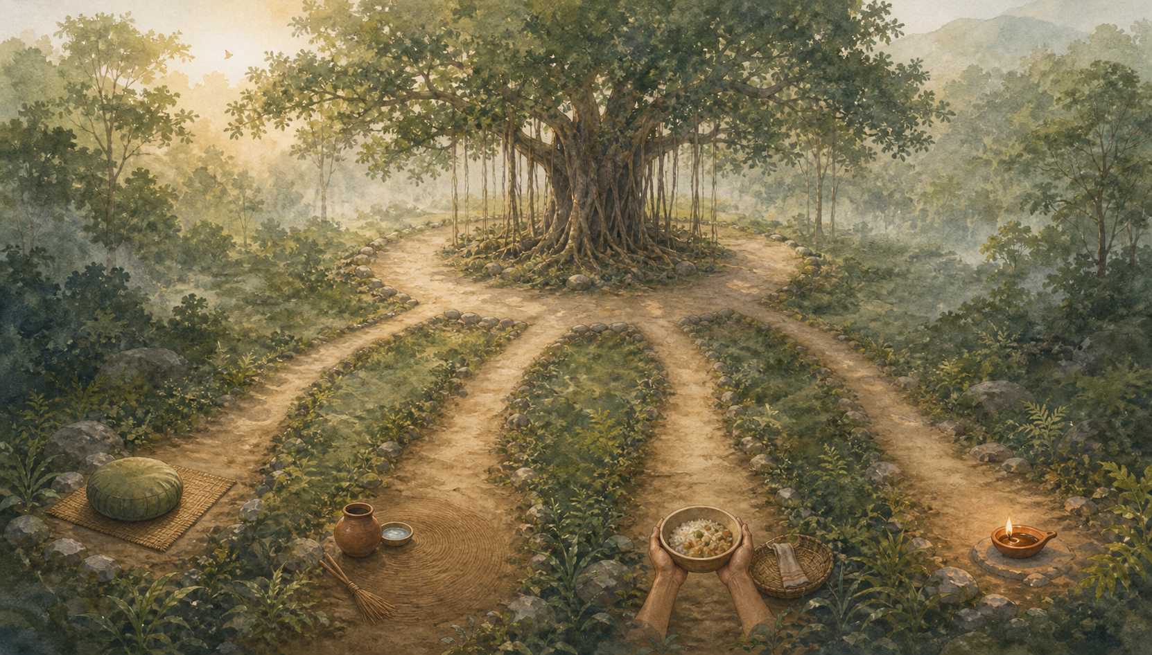 Four separate footpaths marked by a cushion, water vessel, offering bowl, and lamp converge beneath a banyan tree.