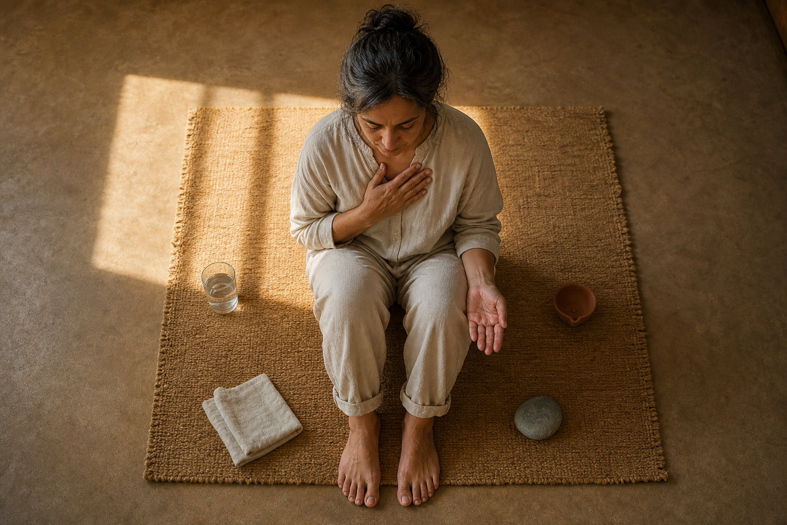 A seated person grounds themselves with one hand over the heart, surrounded by a glass of water, a folded cloth, a clay lamp, and a smooth stone.