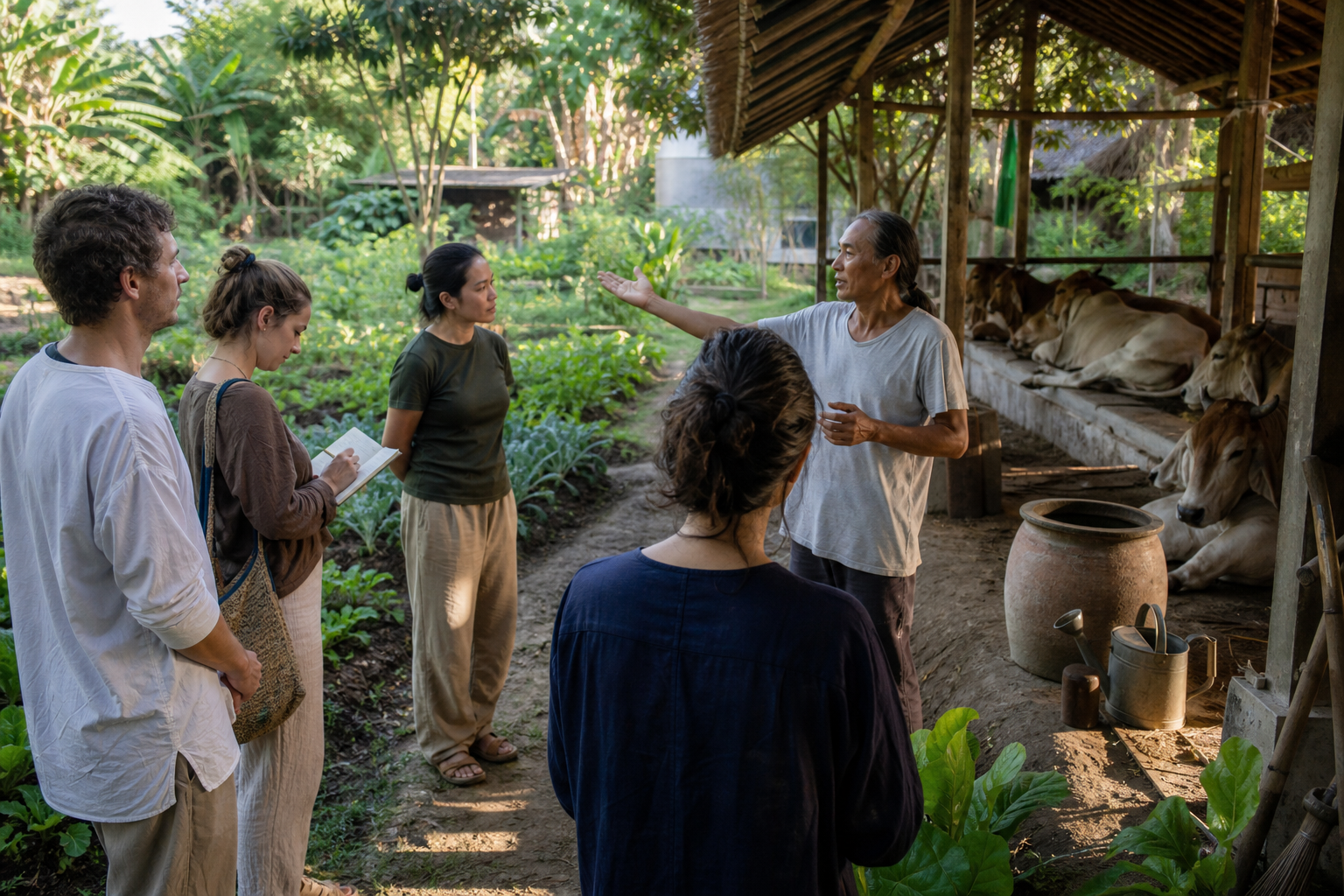 Visitors listen to a resident caretaker beside a garden and cowshed, with one person taking notes during the discussion.