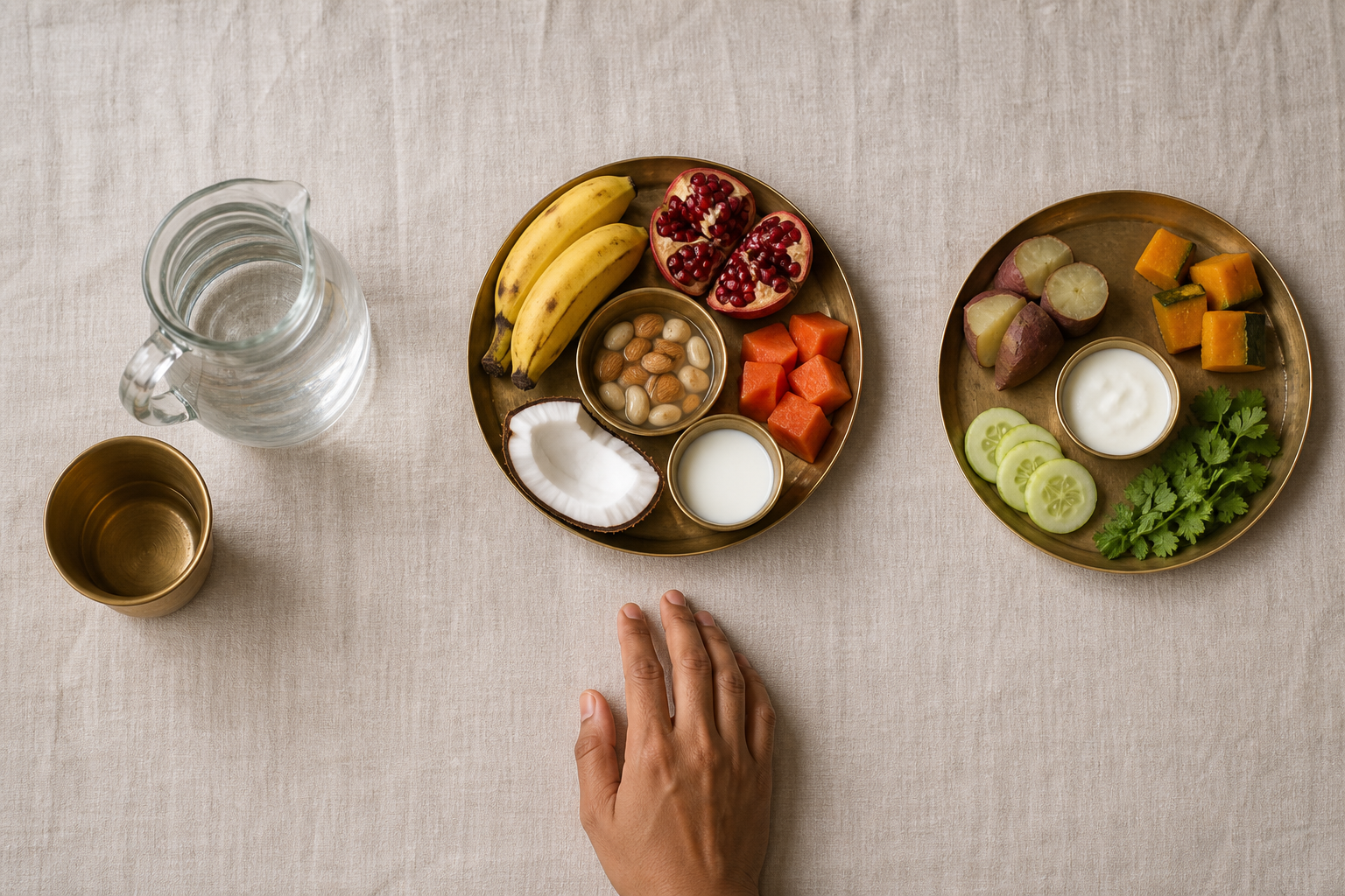 Three modest fasting arrangements show water, fruit with nuts and milk, and a simple grain-free meal on a woven cloth.