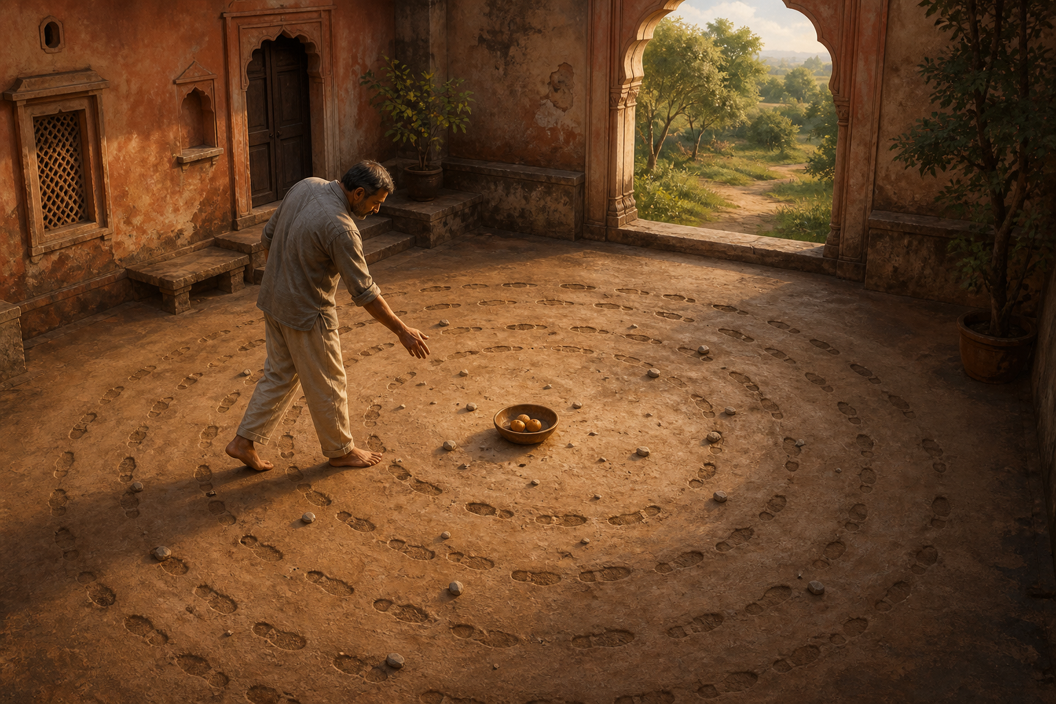 A tired person circles a worn courtyard path toward a small bowl of fruit while an open archway leads to a sunlit landscape.