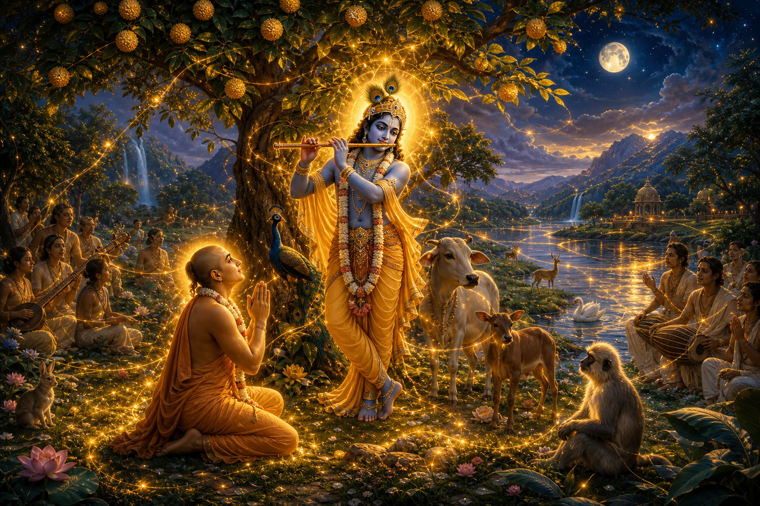 Lord Caitanya kneels before Krishna in a landscape where one golden light touches distinct devotees, animals, trees, and river reflections.