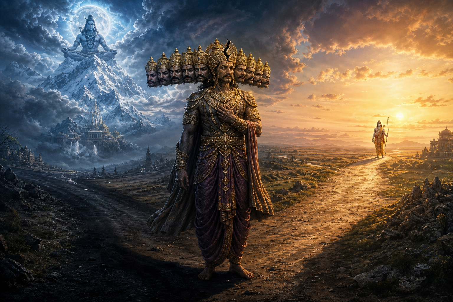 Ten-headed Ravana stands beneath a darkening sky while Shiva meditates on distant Mount Kailasa and Rama waits calmly with a bow on the horizon.