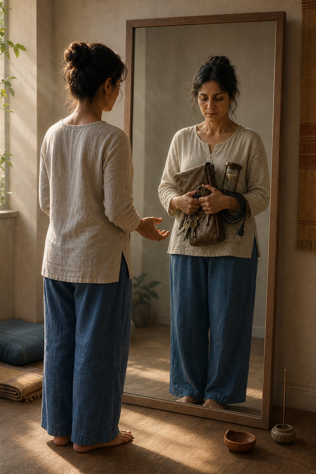 A person faces a mirror in a meditation room and sees their reflection clutching keys, a purse, a cord, and an hourglass while their real hands begin to open.
