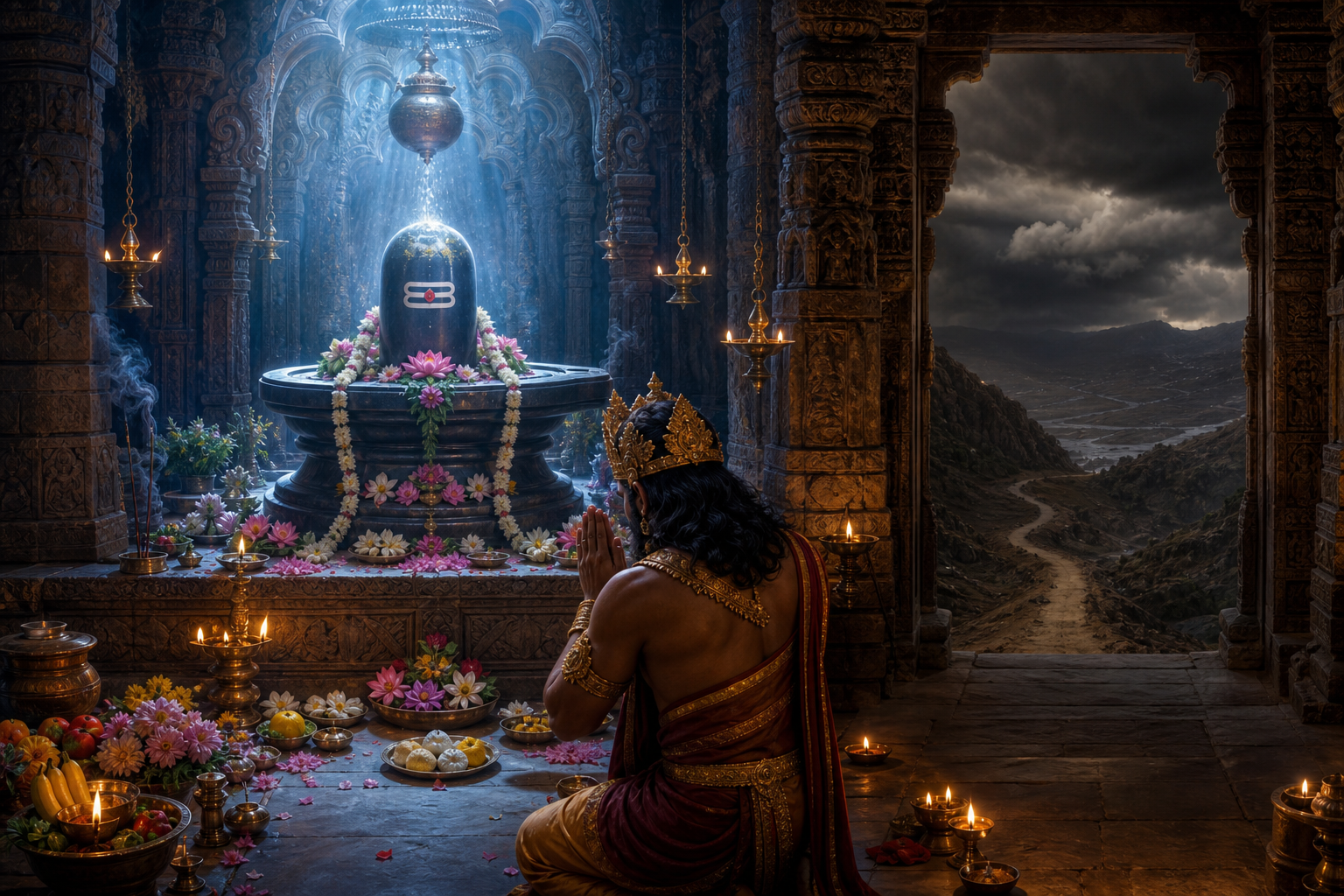 Ravana kneels before a Shiva linga in a glowing temple while a dark and stormy road begins outside the doorway.