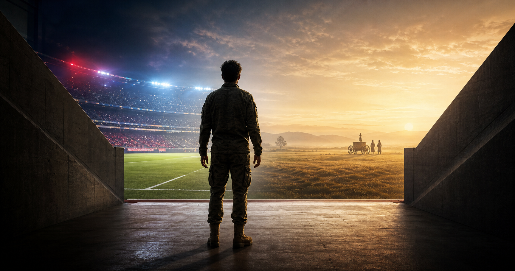 An anonymous soldier stands in a stadium tunnel as the illuminated field blends into an ancient plain with a distant chariot at dawn.