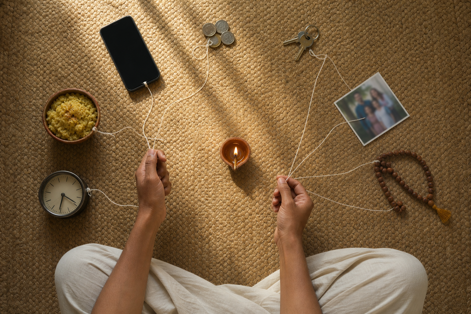 Hands sort a phone, coins, keys, a family photograph, prayer beads, a clock, and a bowl on a woven mat, with threads linking several objects to the fingers.