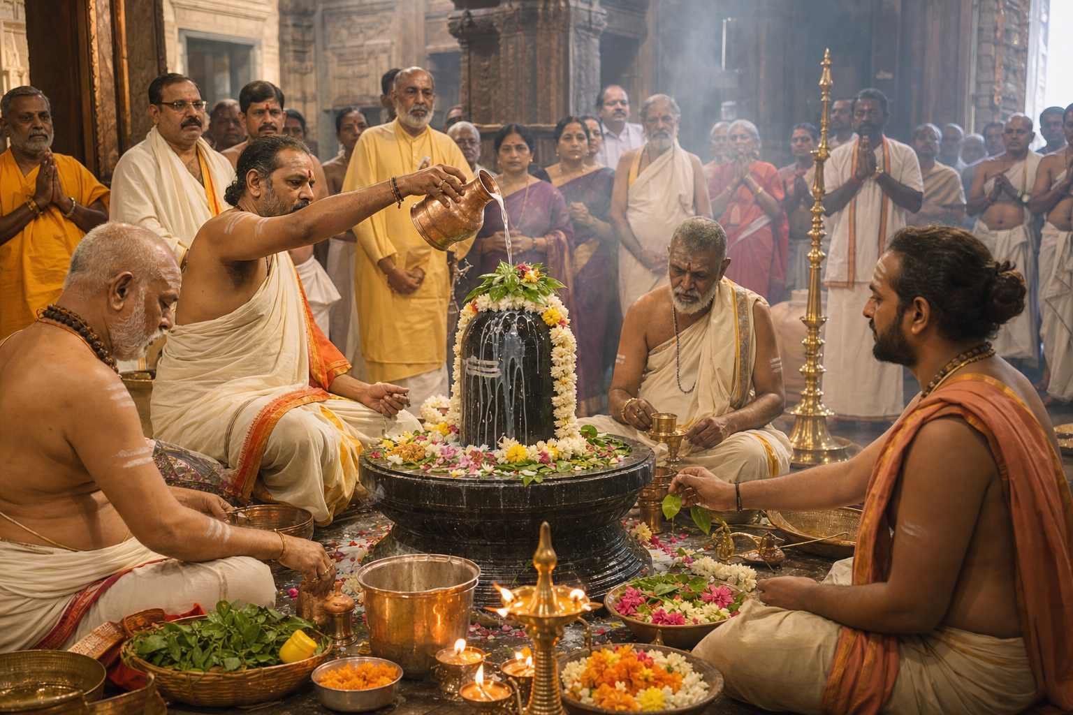 Priests perform a consecration ritual around a Shiva linga with copper vessels, flowers, lamps, and attending devotees.