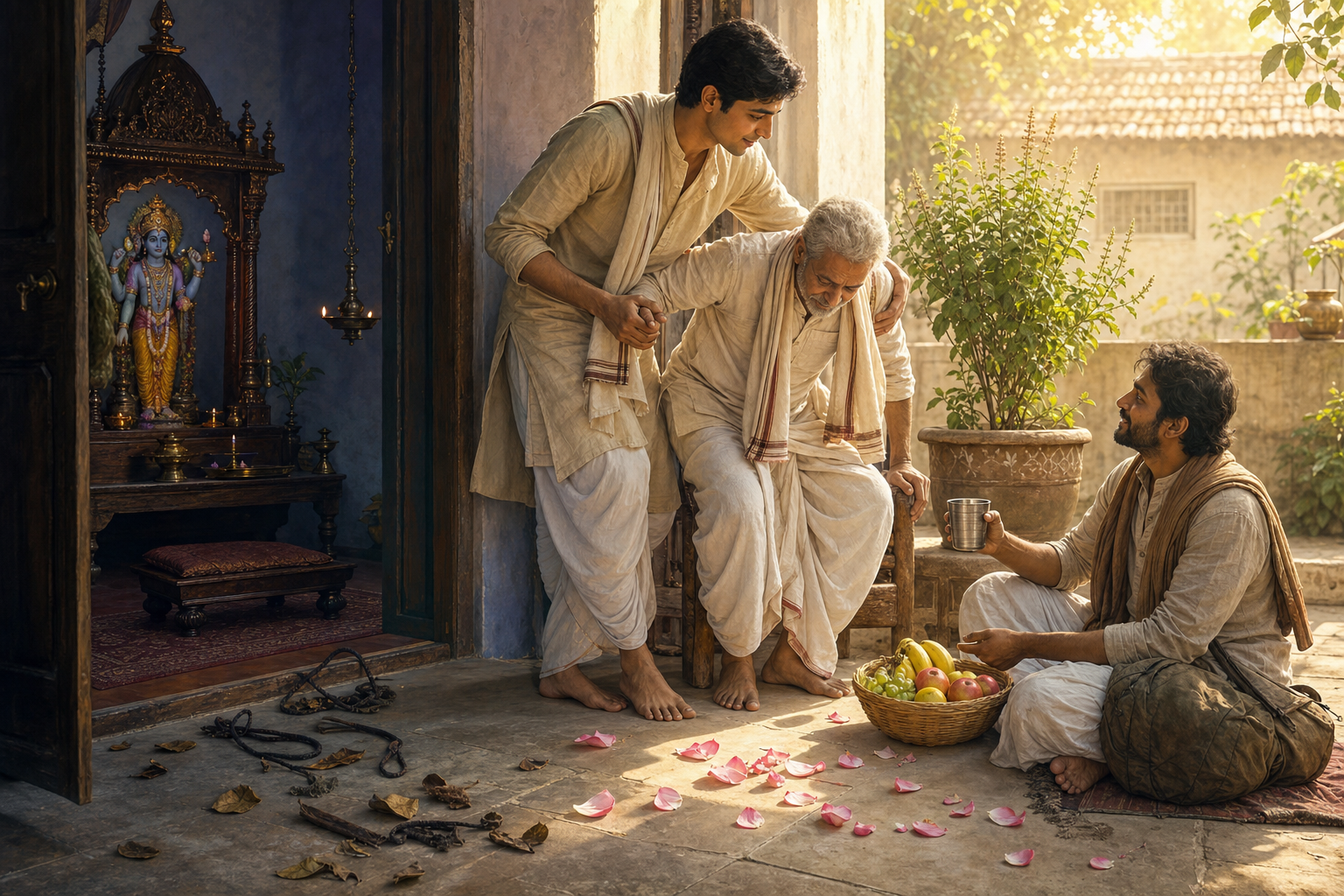 A devotee leaves a Vishnu shrine to offer water and fruit to a traveler and help an older neighbor in a sunlit courtyard.