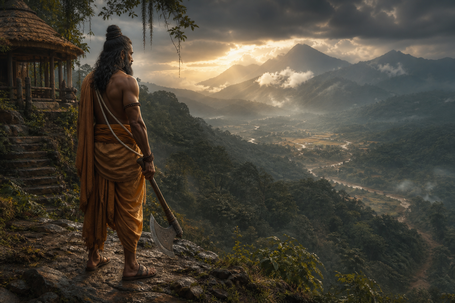 Parashurama stands alone with a lowered axe beside a forest hermitage as dawn illuminates distant mountains.