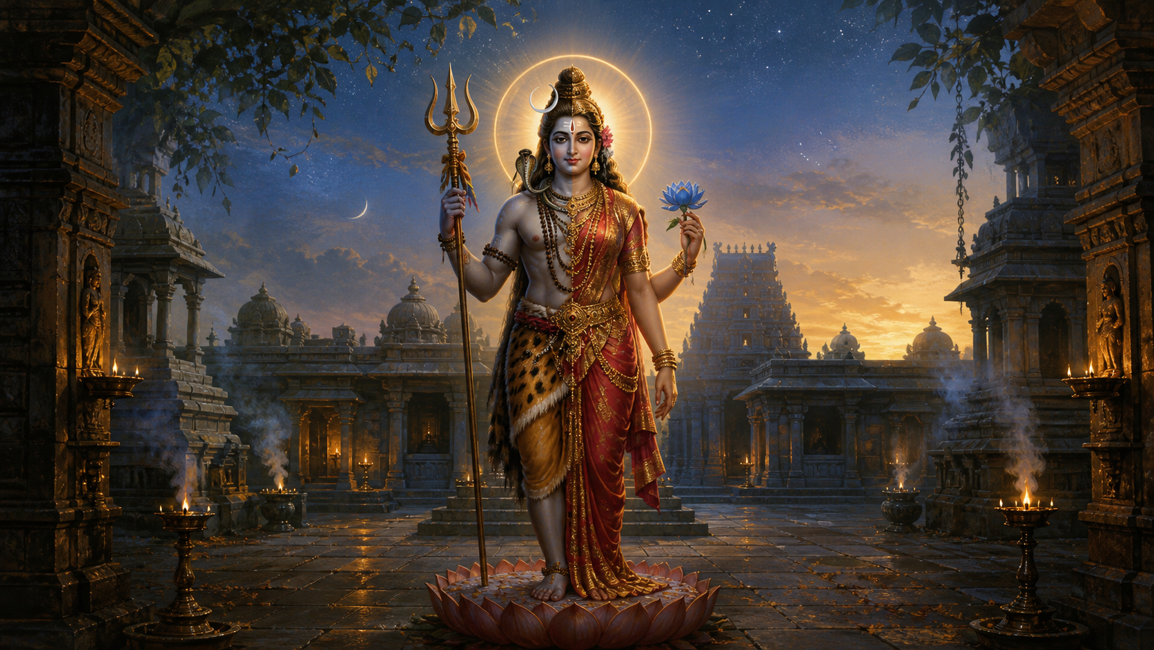 Ardhanareeswara stands as one figure with Shiva's attributes on the right and Parvati's attributes on the left, surrounded by a shared halo in a lamp-lit temple courtyard.