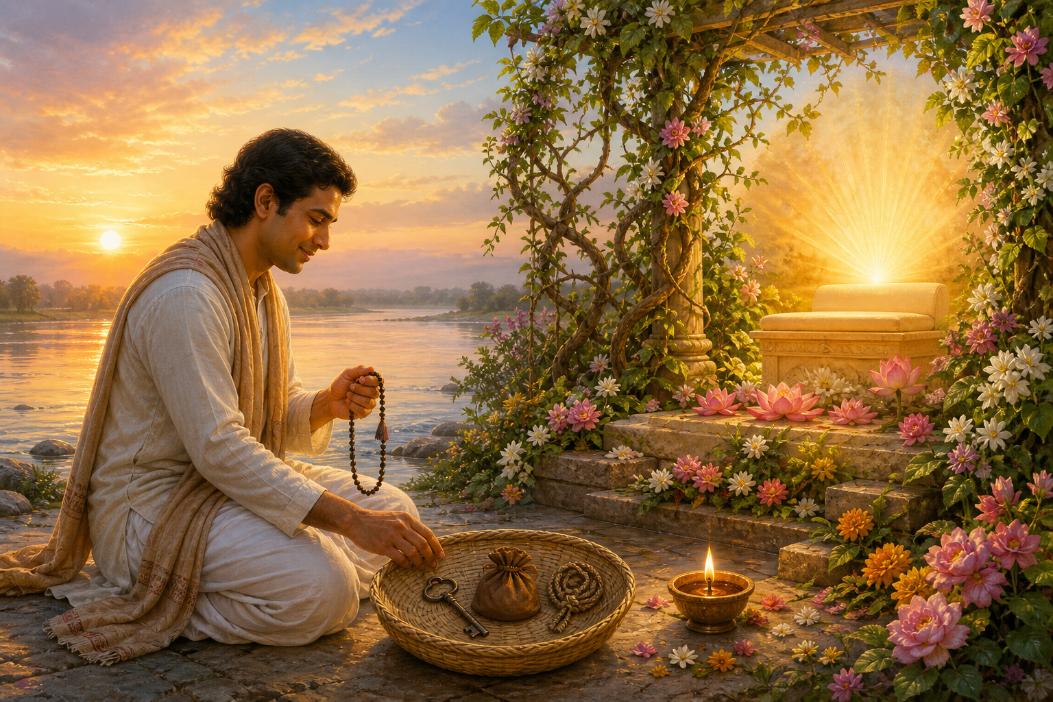 A kneeling person places keys, a coin pouch, and a knotted cord beside flowers at a riverbank altar while holding prayer beads as tangled vines bloom behind them.