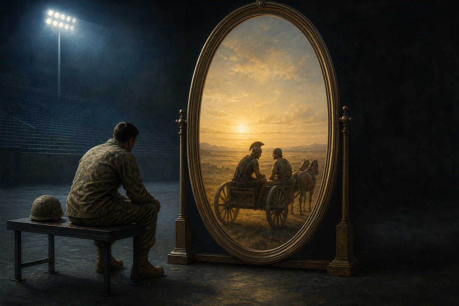 A seated modern soldier faces a bronze mirror reflecting two figures in a stationary chariot on an ancient plain.
