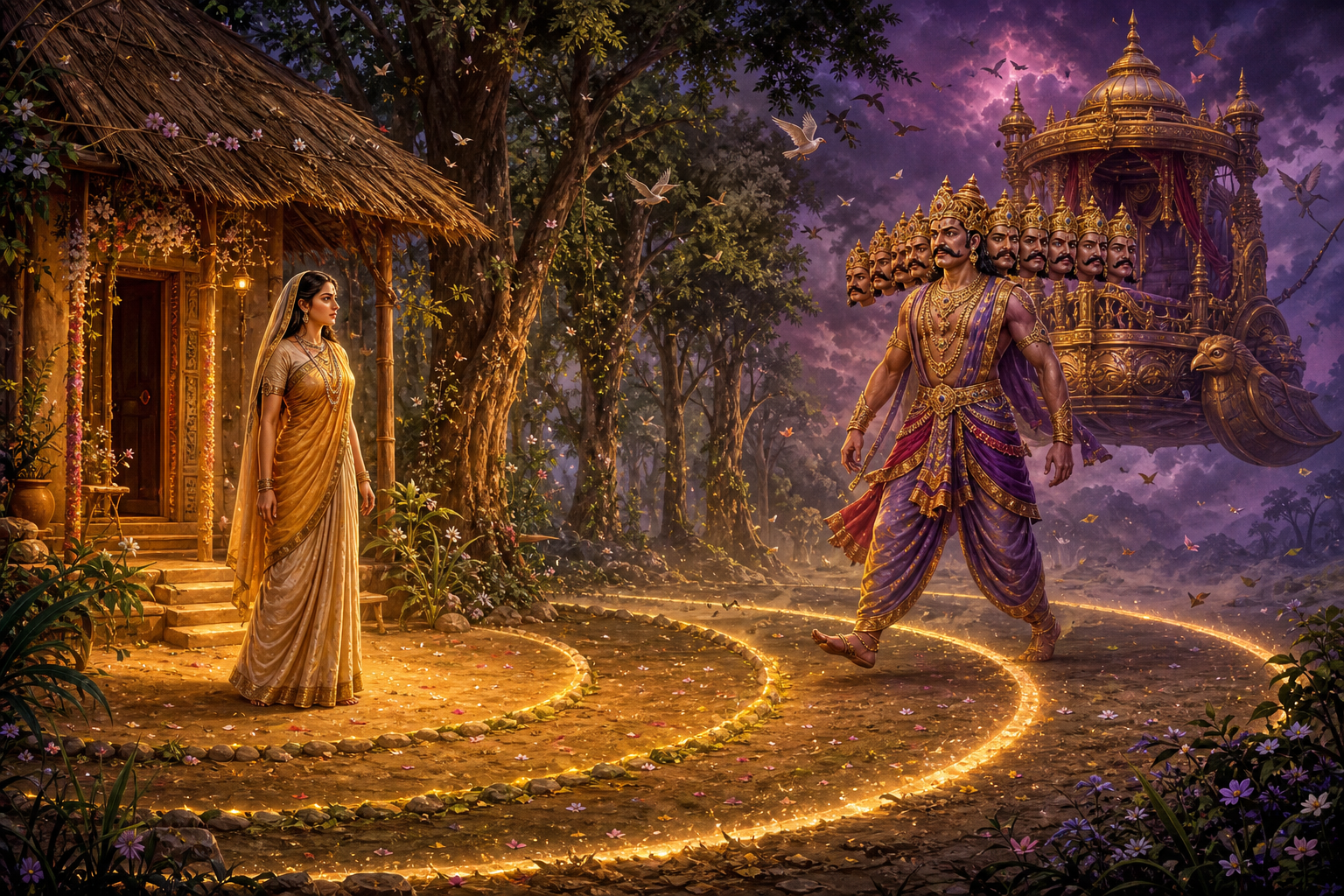 Sita stands beside a forest hermitage as the many-headed Ravana crosses three glowing thresholds with an ornate chariot behind him.