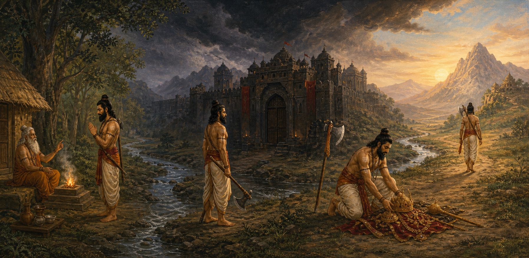 Successive scenes show Parashurama receiving ascetic instruction, confronting a royal stronghold, relinquishing authority, and withdrawing toward the mountains.